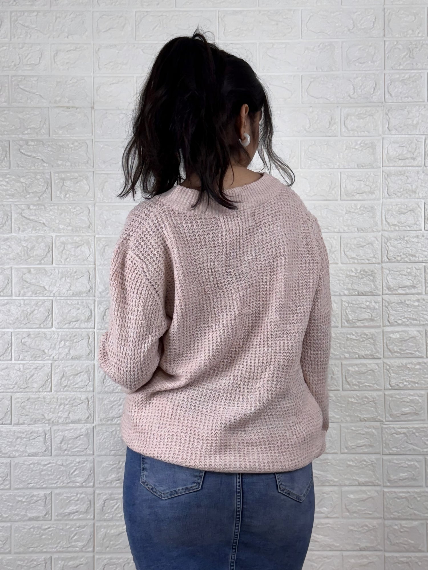 Cozy Chunky Knit Lace-Up Pullover - Blush Pink