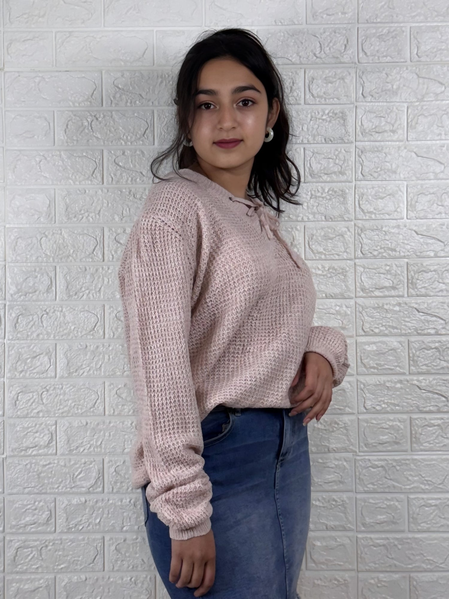 Cozy Chunky Knit Lace-Up Pullover - Blush Pink