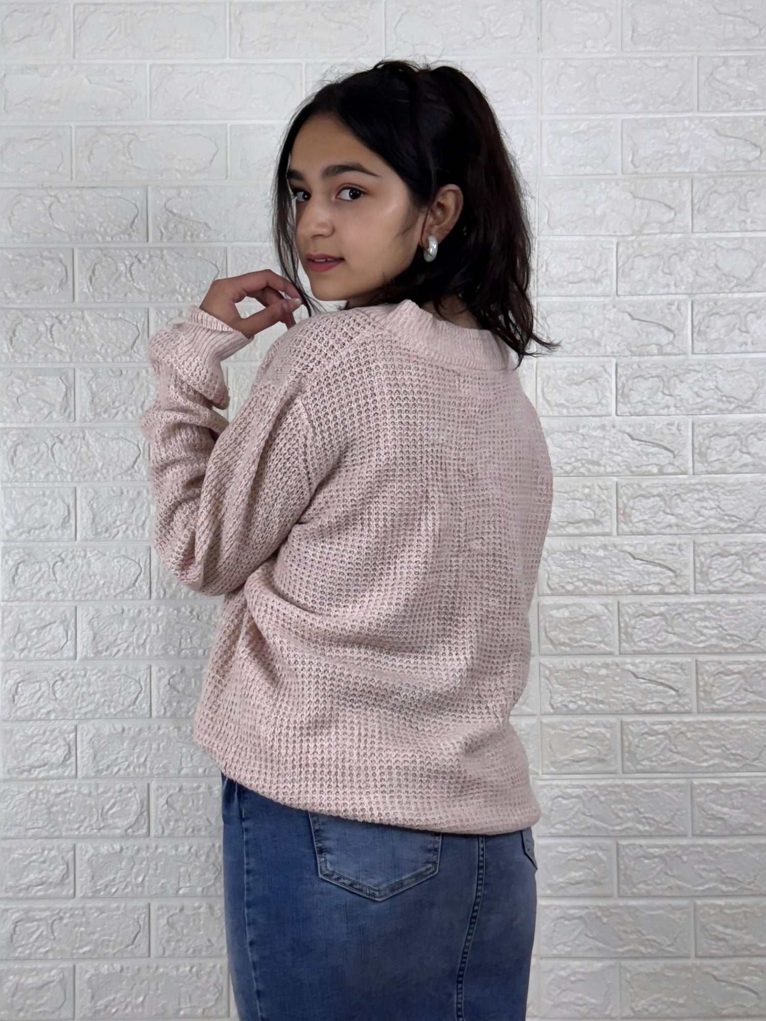 Women’s Lace-Up Neck Knitted Sweater | Light Pink Casual Pullover Top