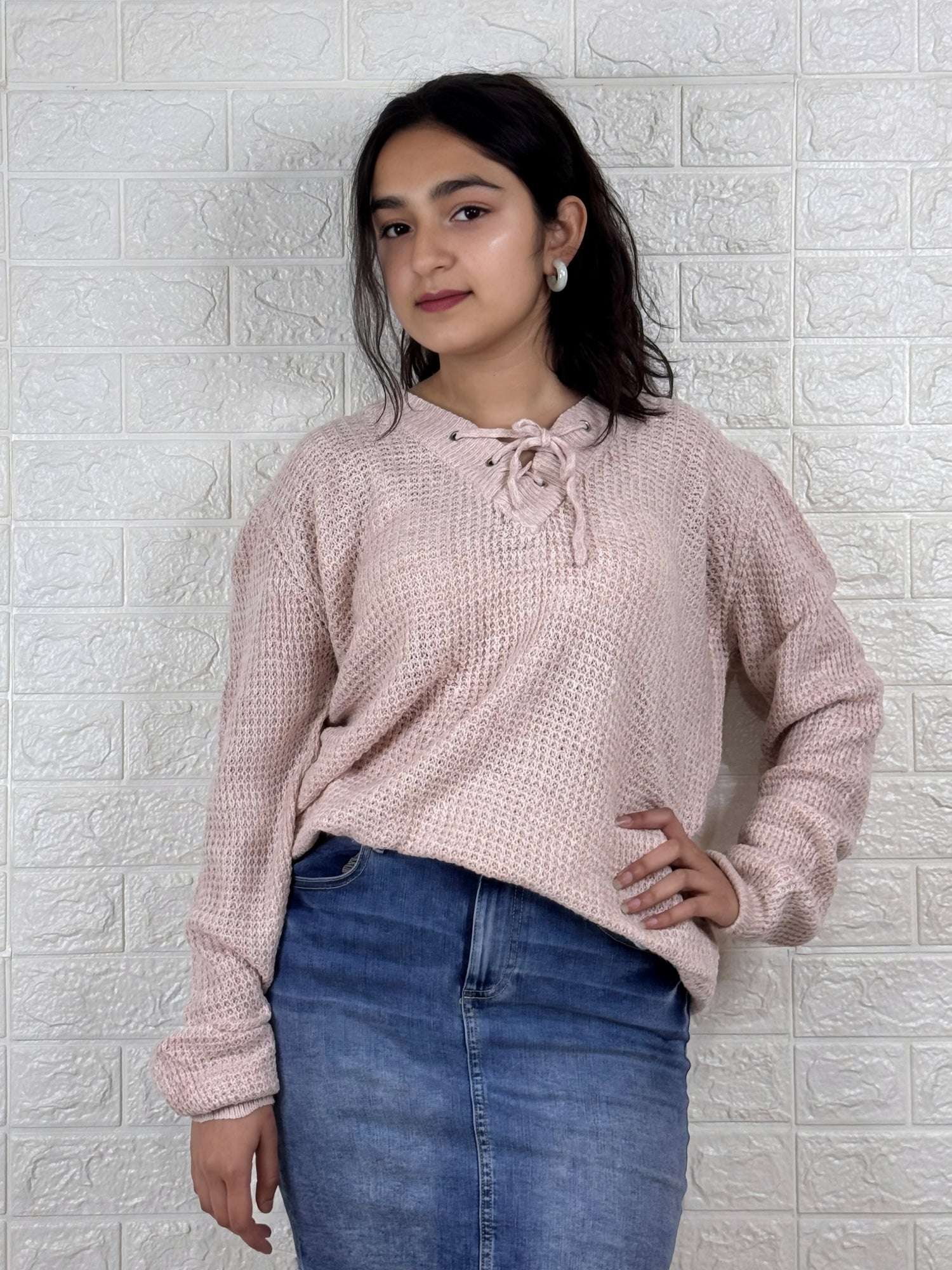 Cozy Chunky Knit Lace-Up Pullover - Blush Pink