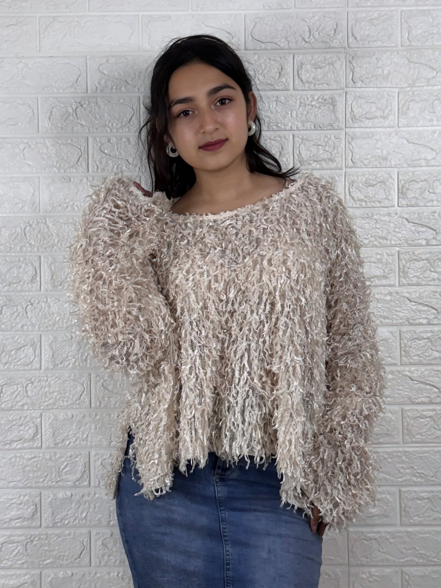 Beige Fuzzy Textured Oversized Sweater Top