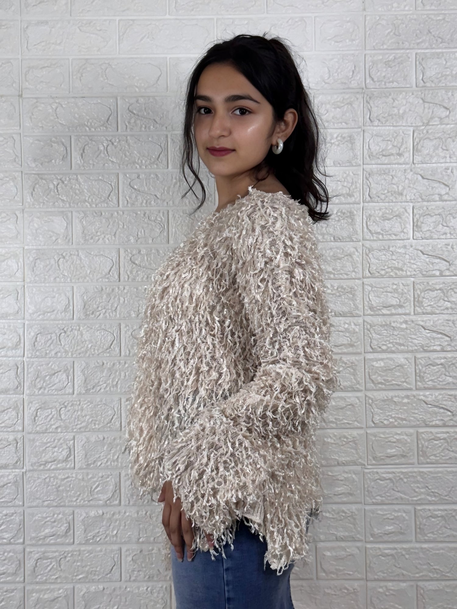 Beige Fuzzy Textured Oversized Sweater Top
