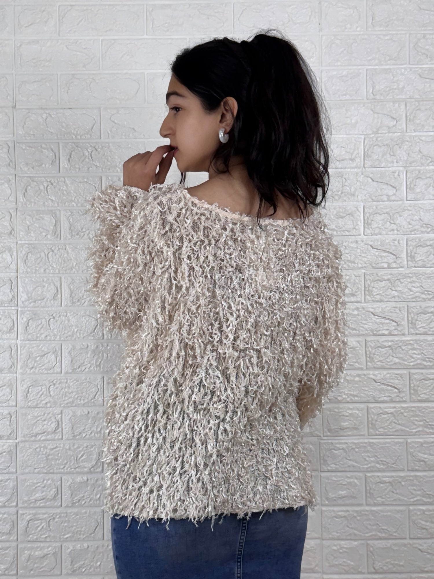 Beige Fuzzy Textured Oversized Sweater Top