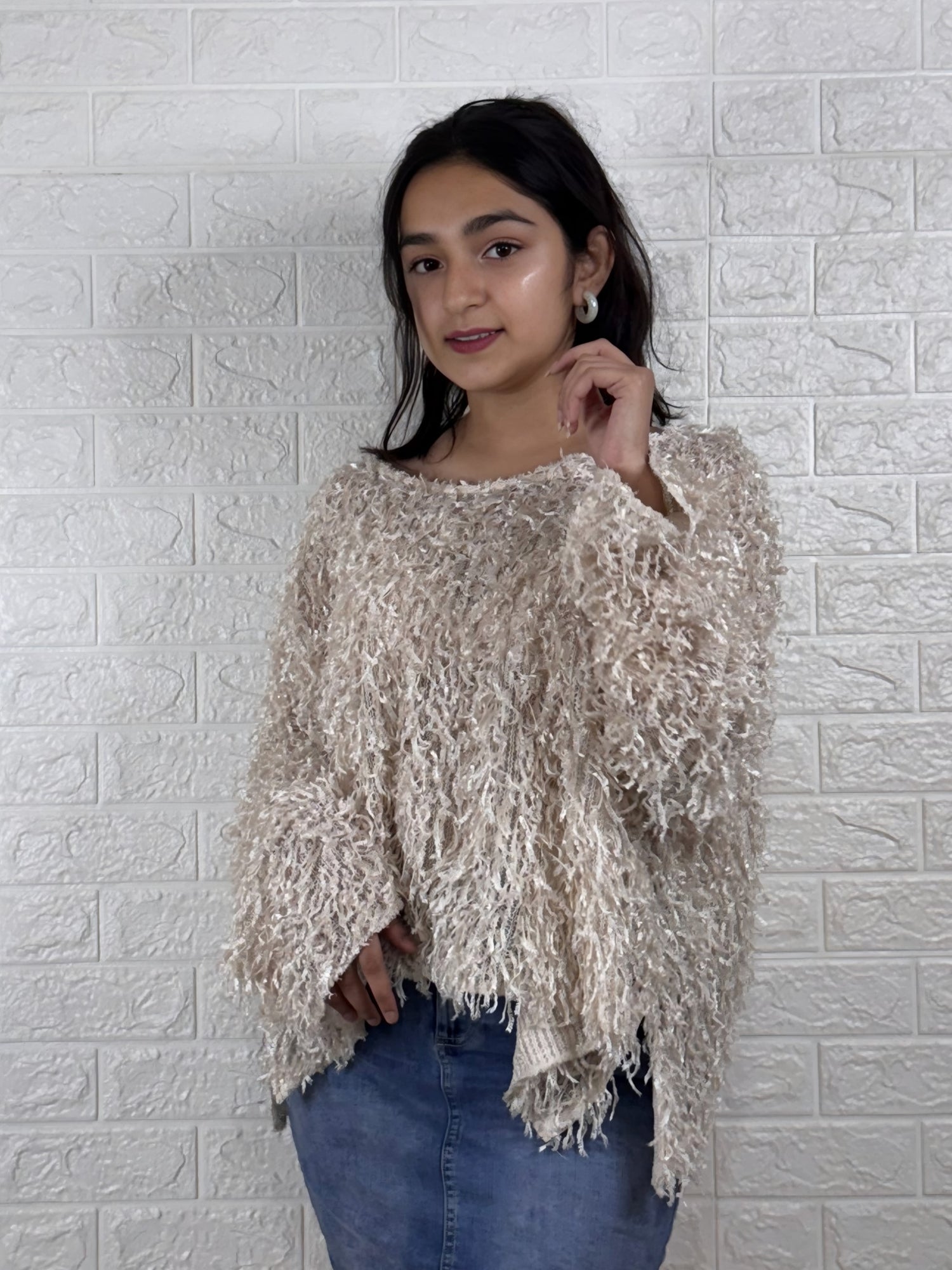 Beige Fuzzy Textured Oversized Sweater Top