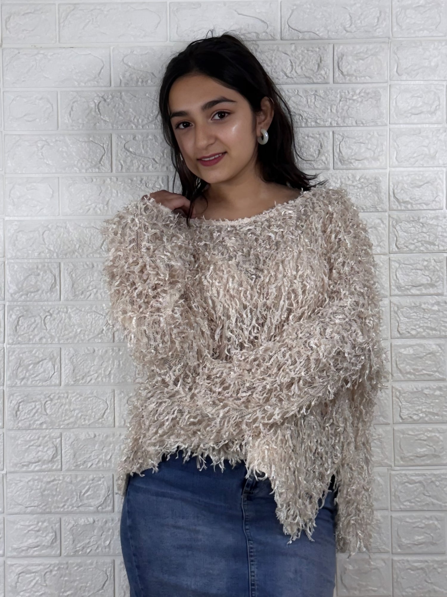 Beige Fuzzy Textured Oversized Sweater Top