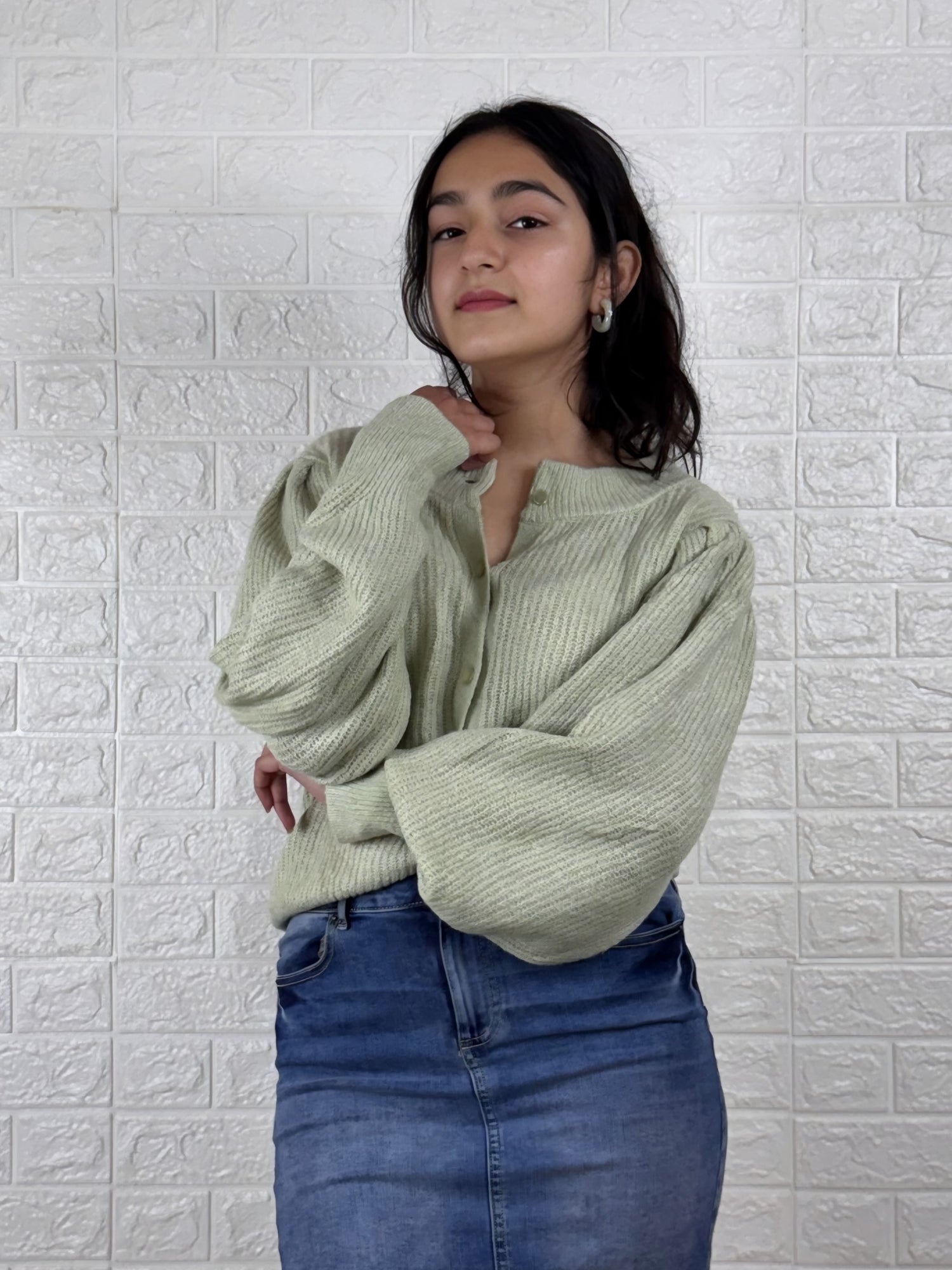 Women’s Knitted Button-Down Cardigan Top | Light Green Full Sleeve Winter Wear