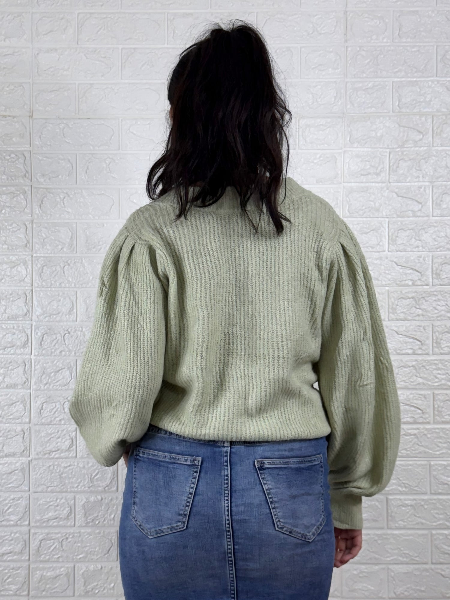 Sage Green Balloon Sleeve Knit Cardigan