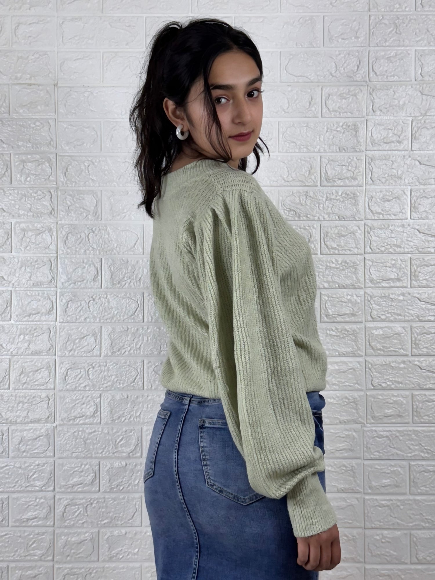 Women’s Knitted Button-Down Cardigan Top | Light Green Full Sleeve Winter Wear