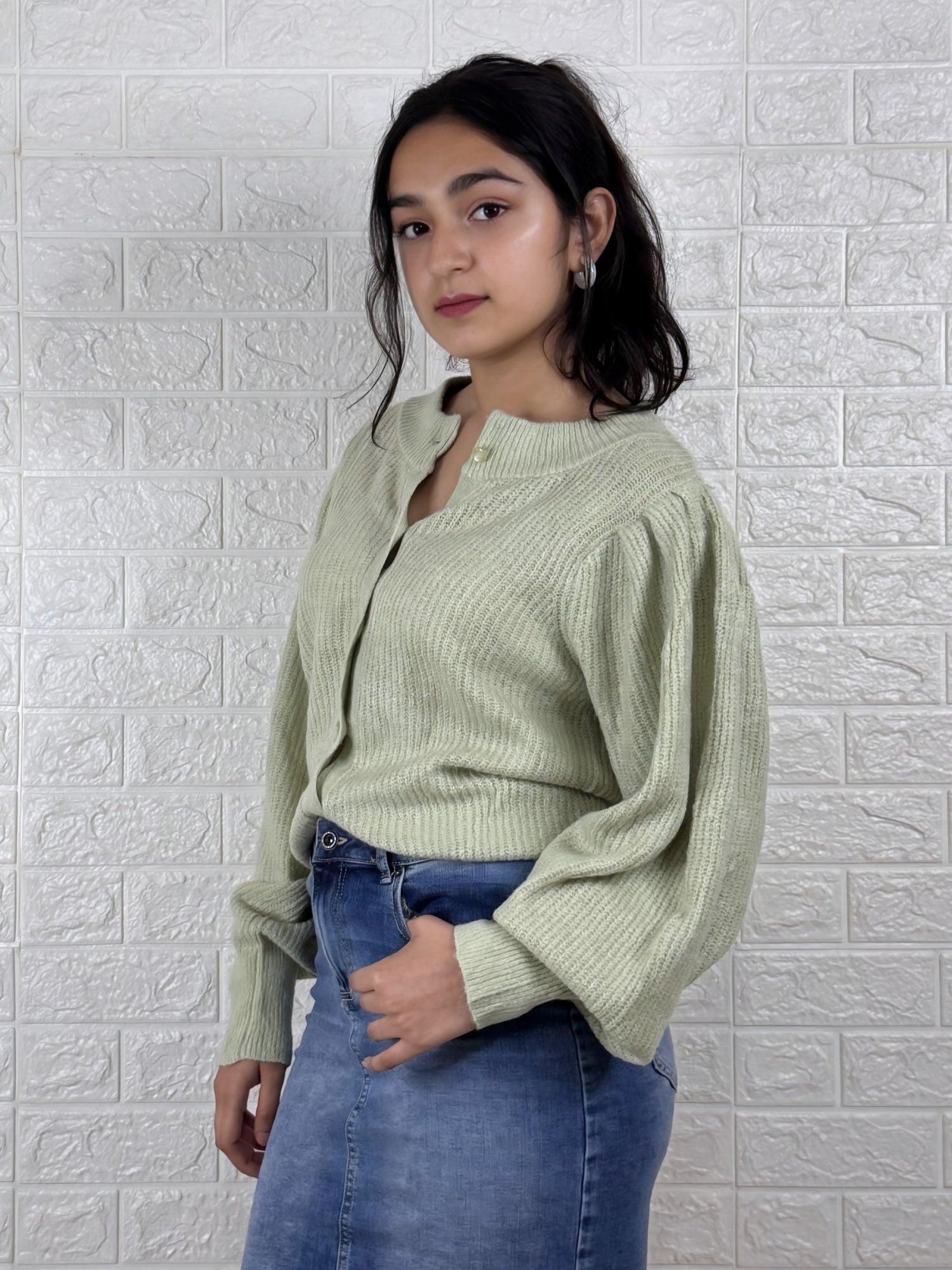 Women’s Knitted Button-Down Cardigan Top | Light Green Full Sleeve Winter Wear