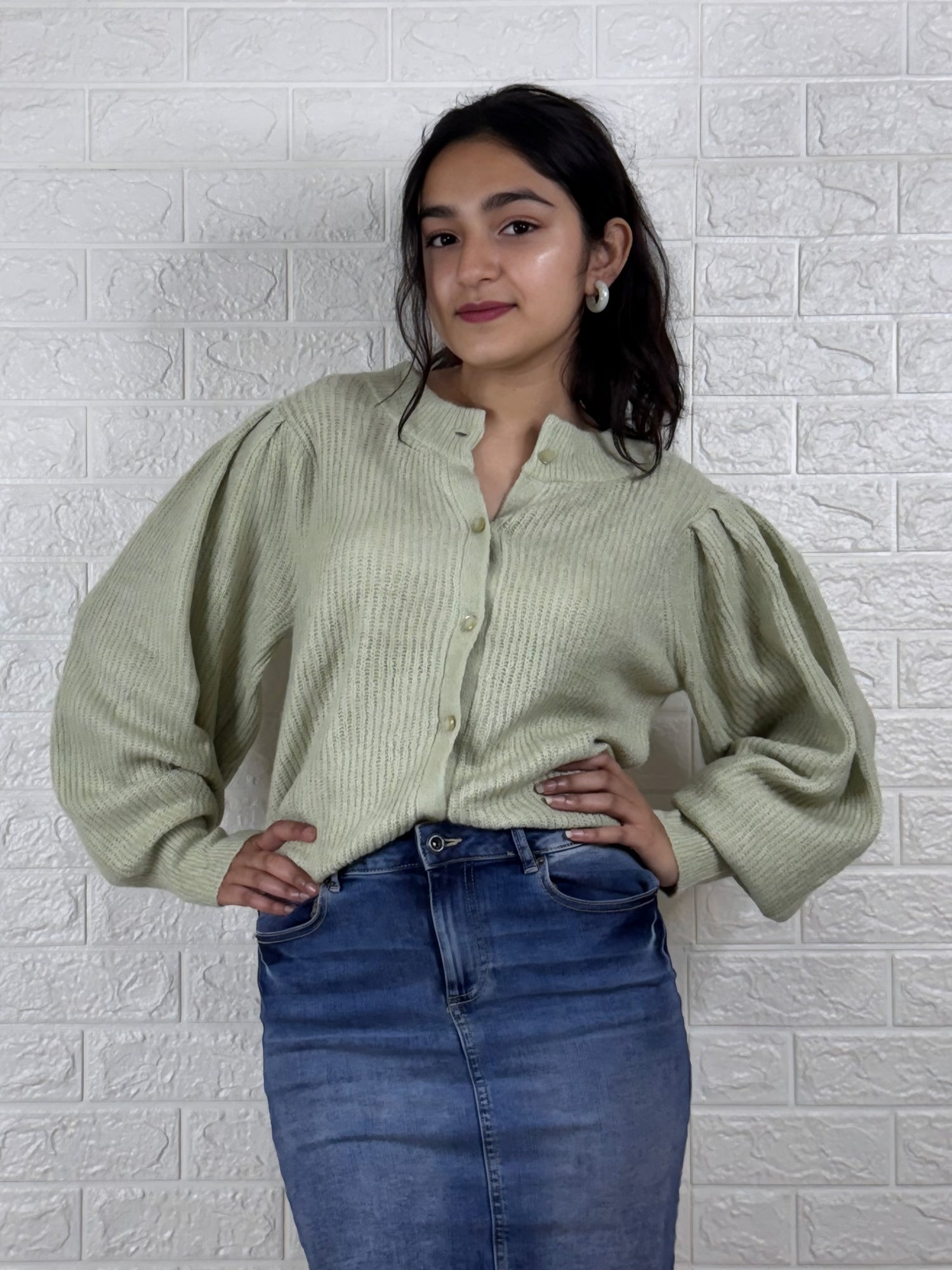 Women’s Knitted Button-Down Cardigan Top | Light Green Full Sleeve Winter Wear