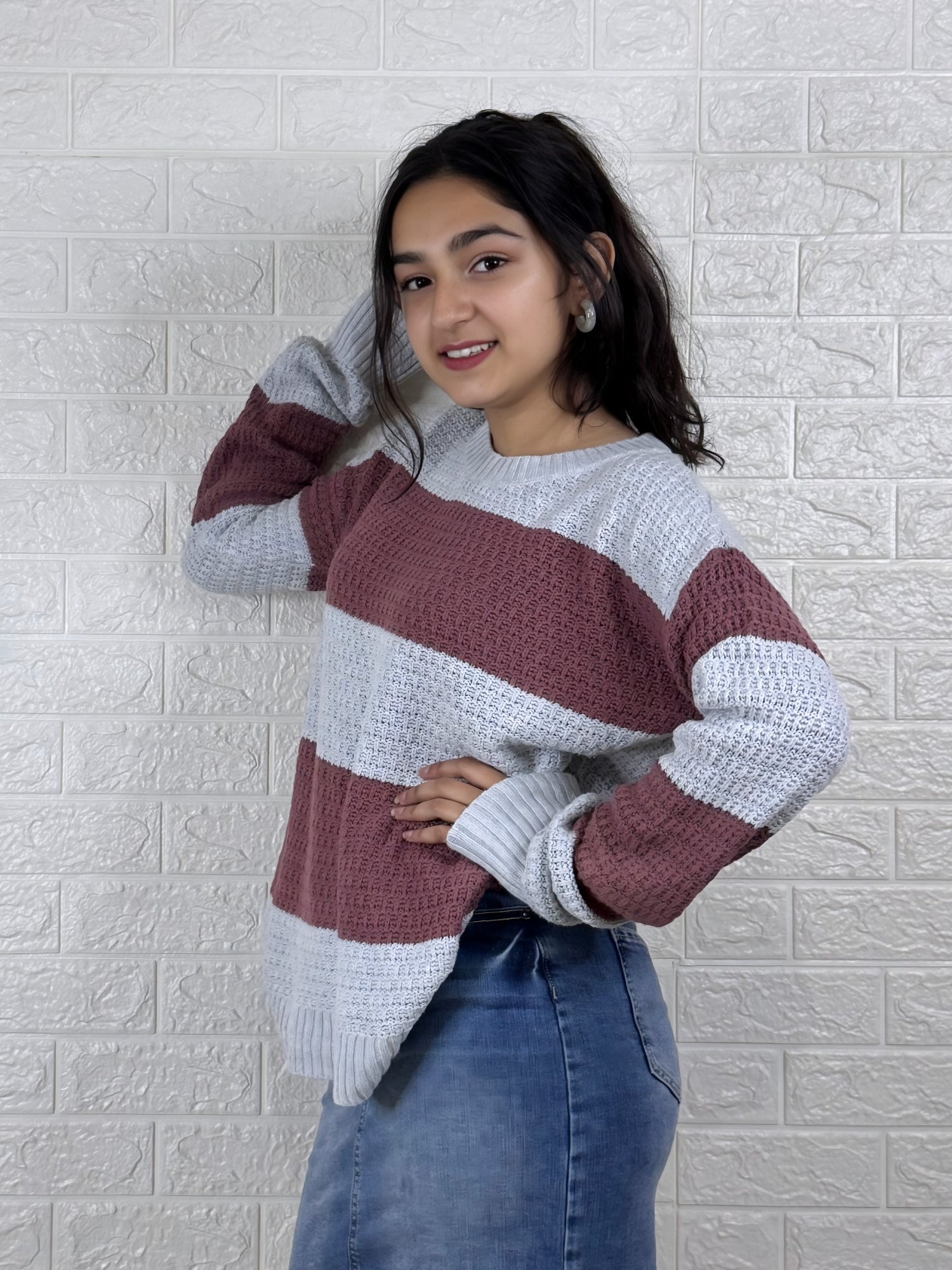 Women’s Casual Striped Knitted Sweater | Round Neck Long Sleeve Winter Pullover