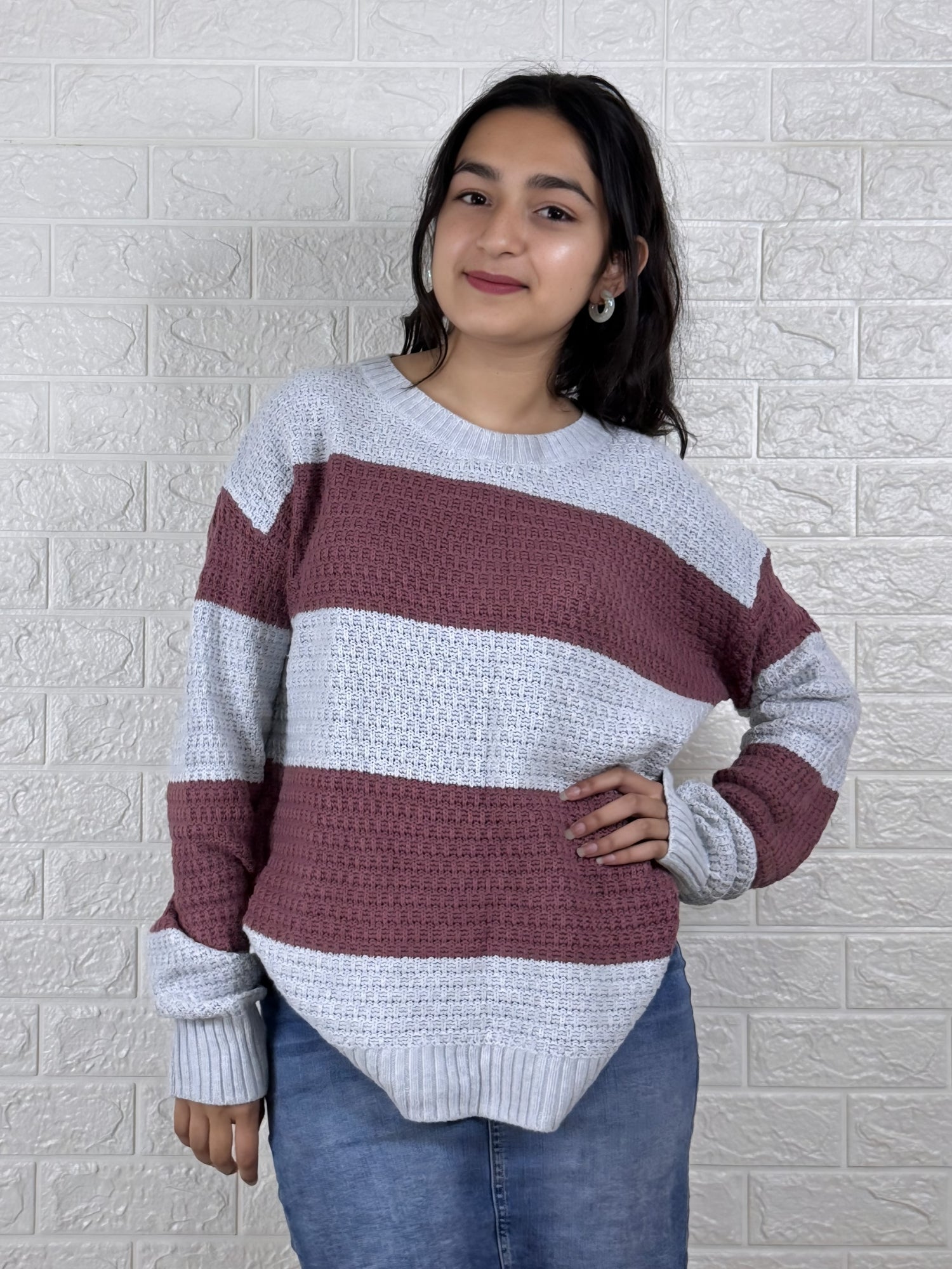 Women’s Casual Striped Knitted Sweater | Round Neck Long Sleeve Winter Pullover