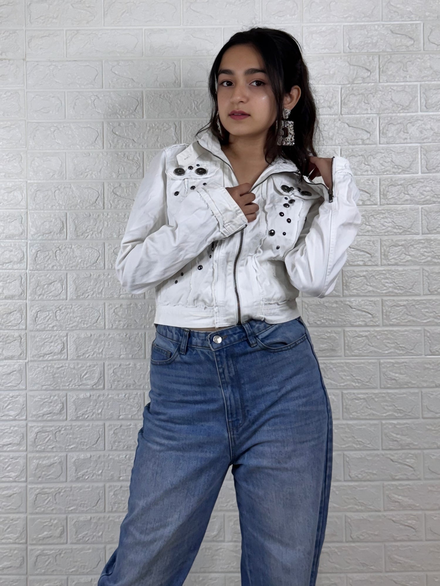 White Embellished Crop Jacket with Front Zip