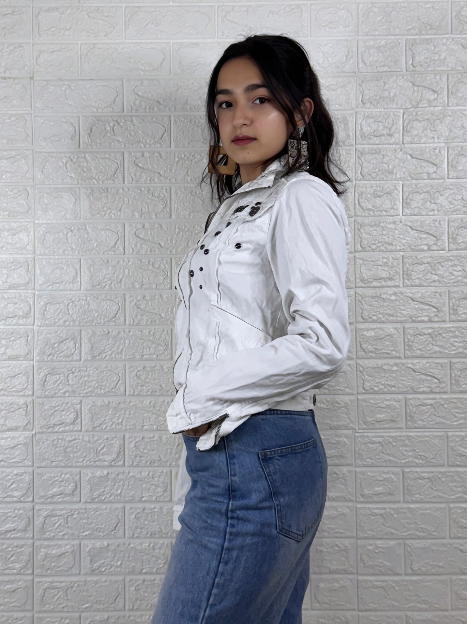 White Embellished Crop Jacket with Front Zip