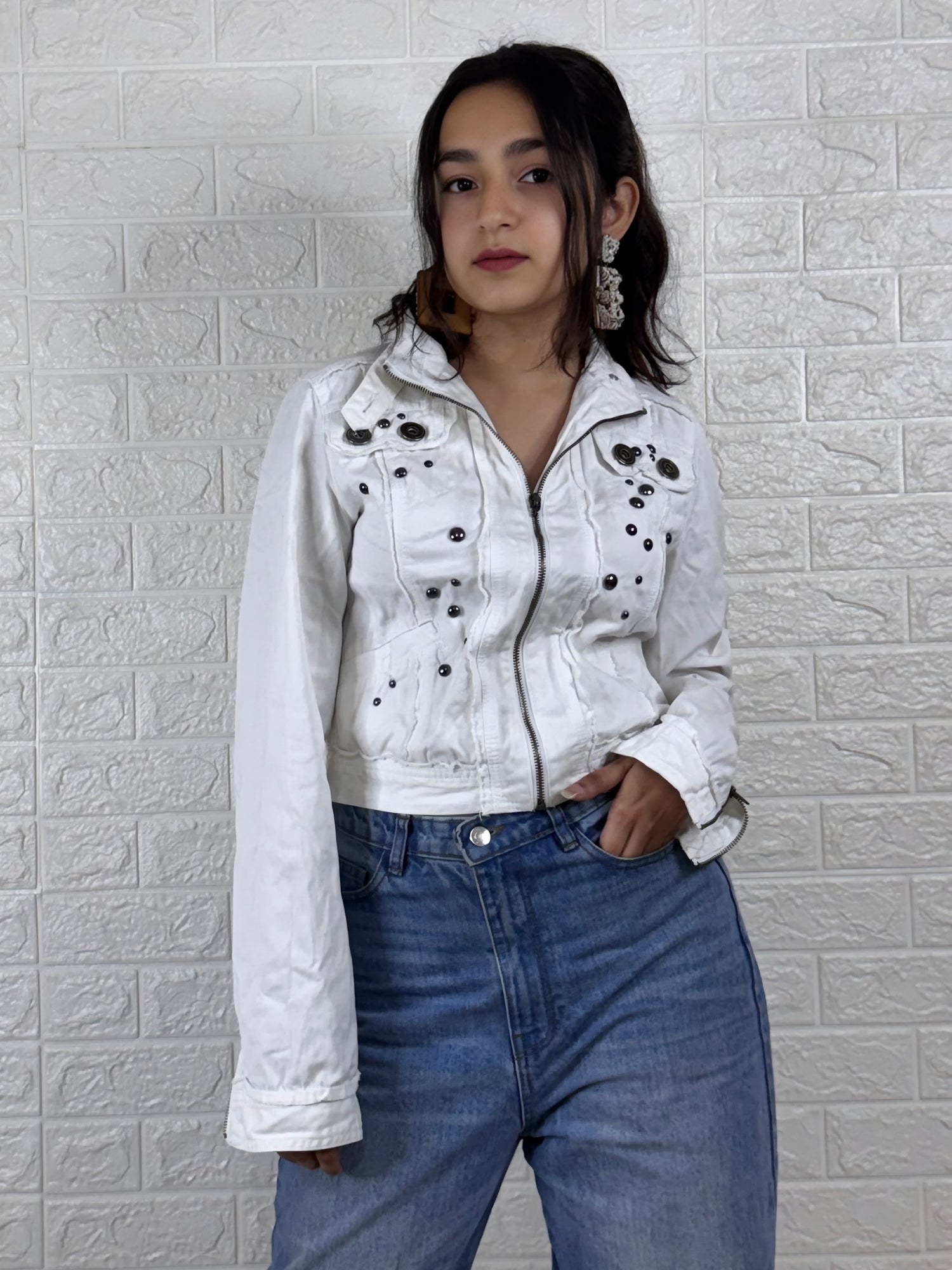 White Embellished Crop Jacket with Front Zip