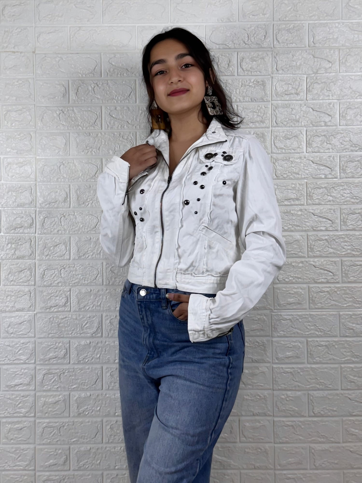 White Embellished Crop Jacket with Front Zip