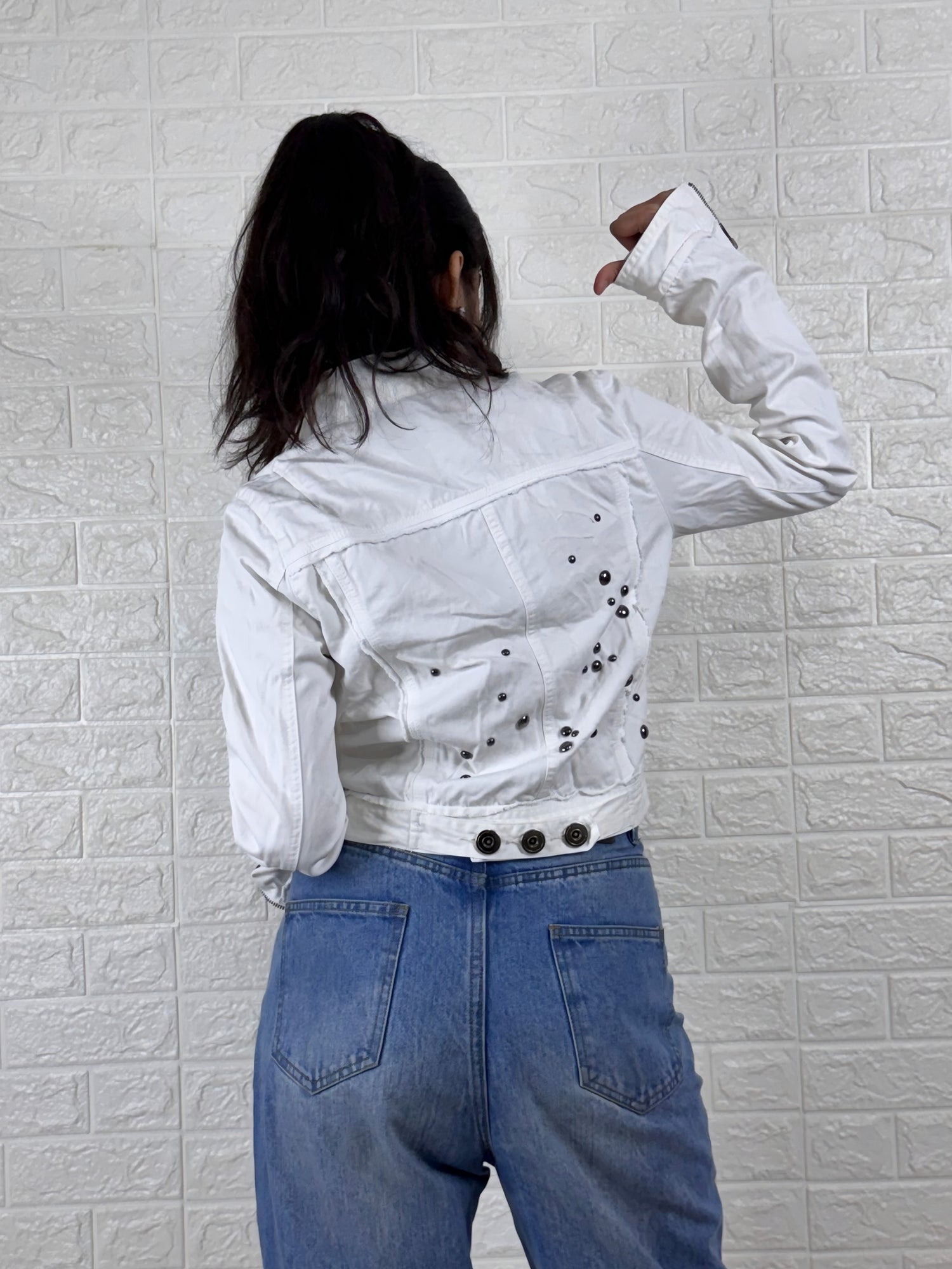 White Embellished Crop Jacket with Front Zip