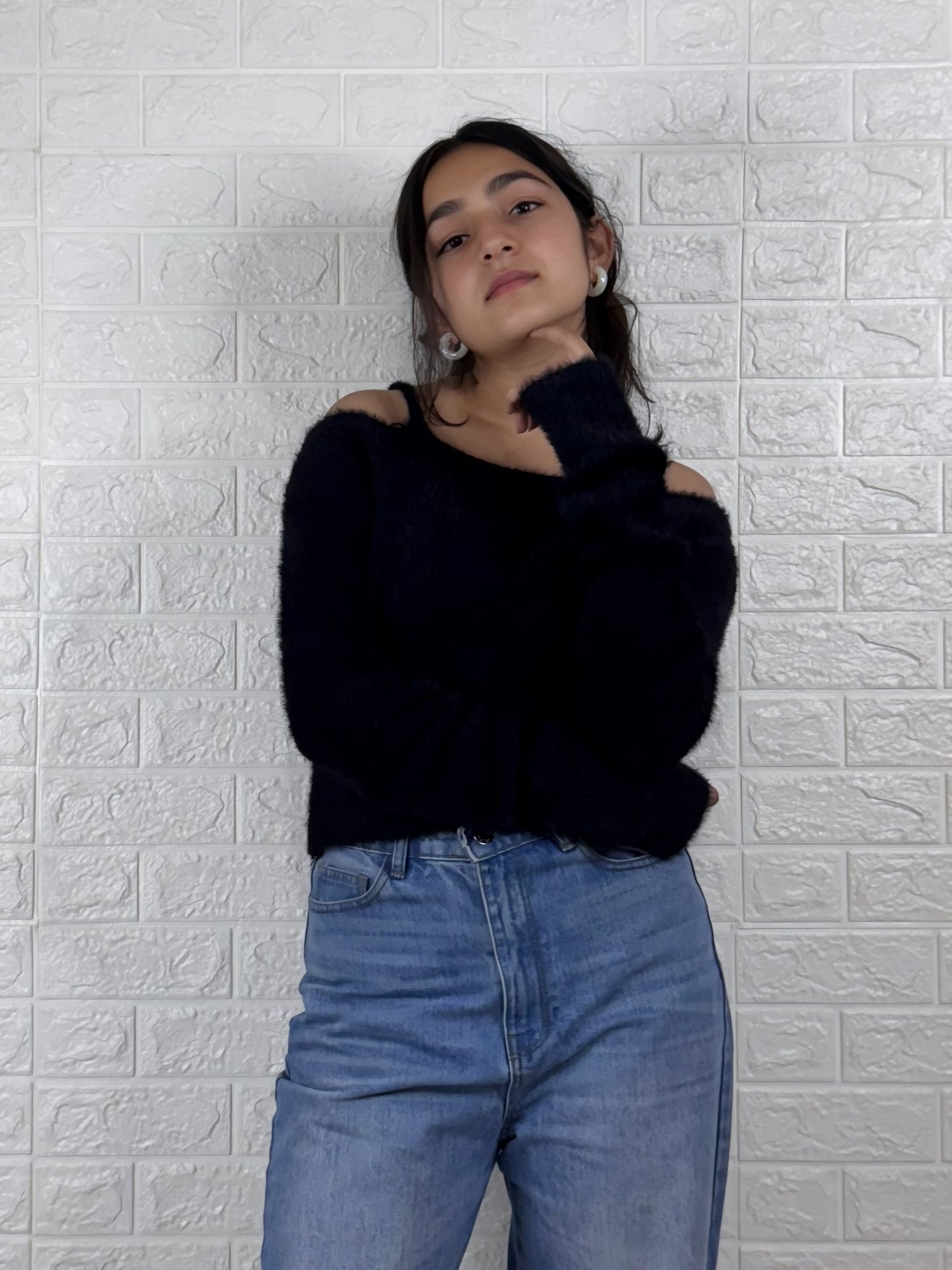 Women’s Color Block Knitted Sweater | Cozy Black with Cream Pullover Winter Top