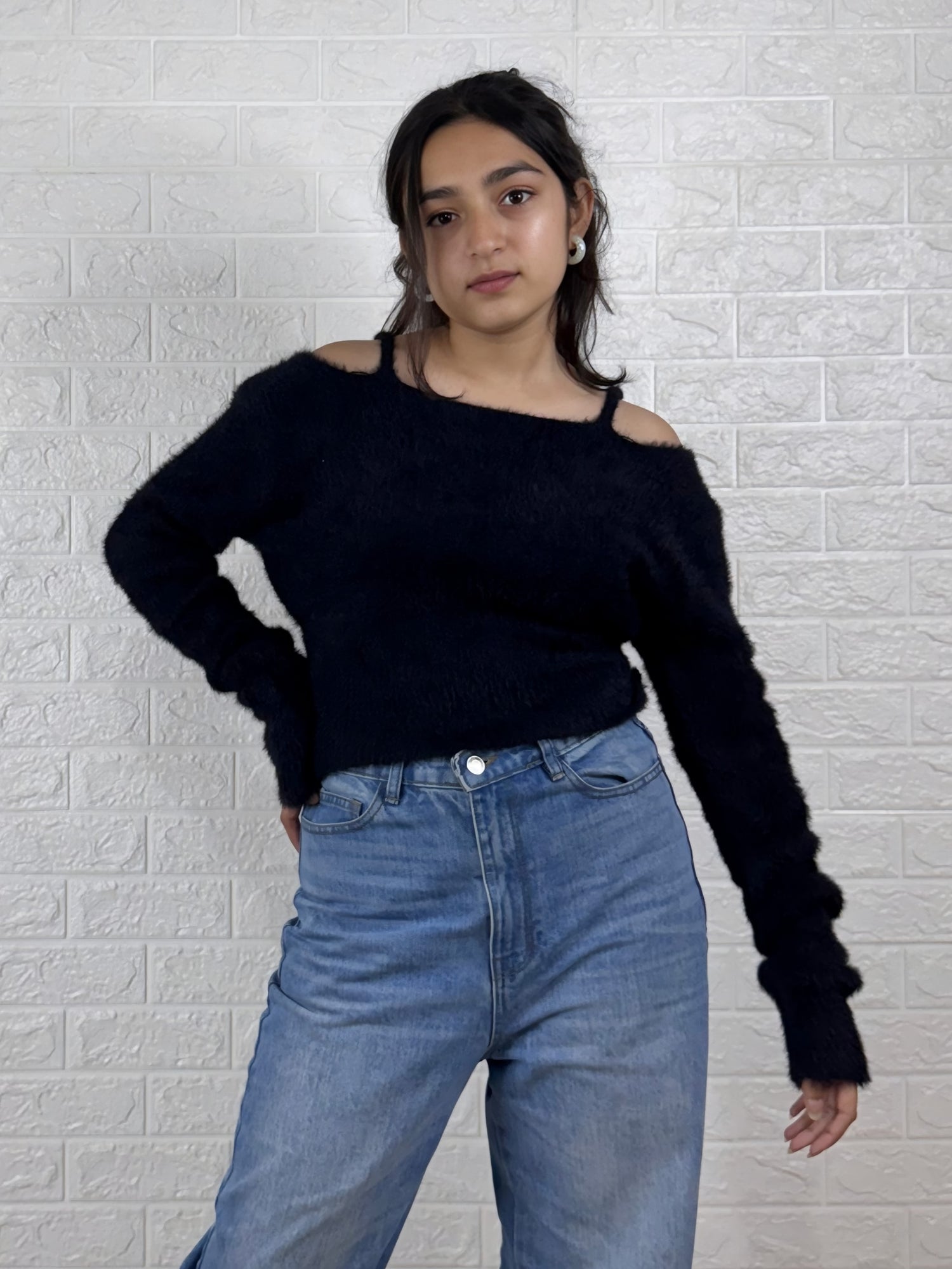 Women’s Color Block Knitted Sweater | Cozy Black with Cream Pullover Winter Top