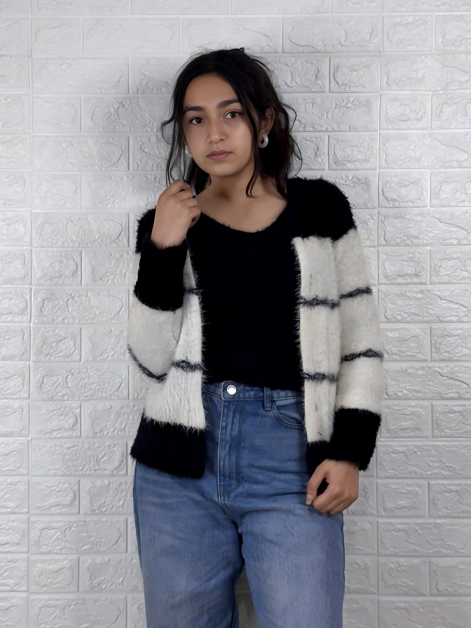 Women’s Fuzzy Striped Knitted Cardigan | Cozy Black & White Winter Sweater