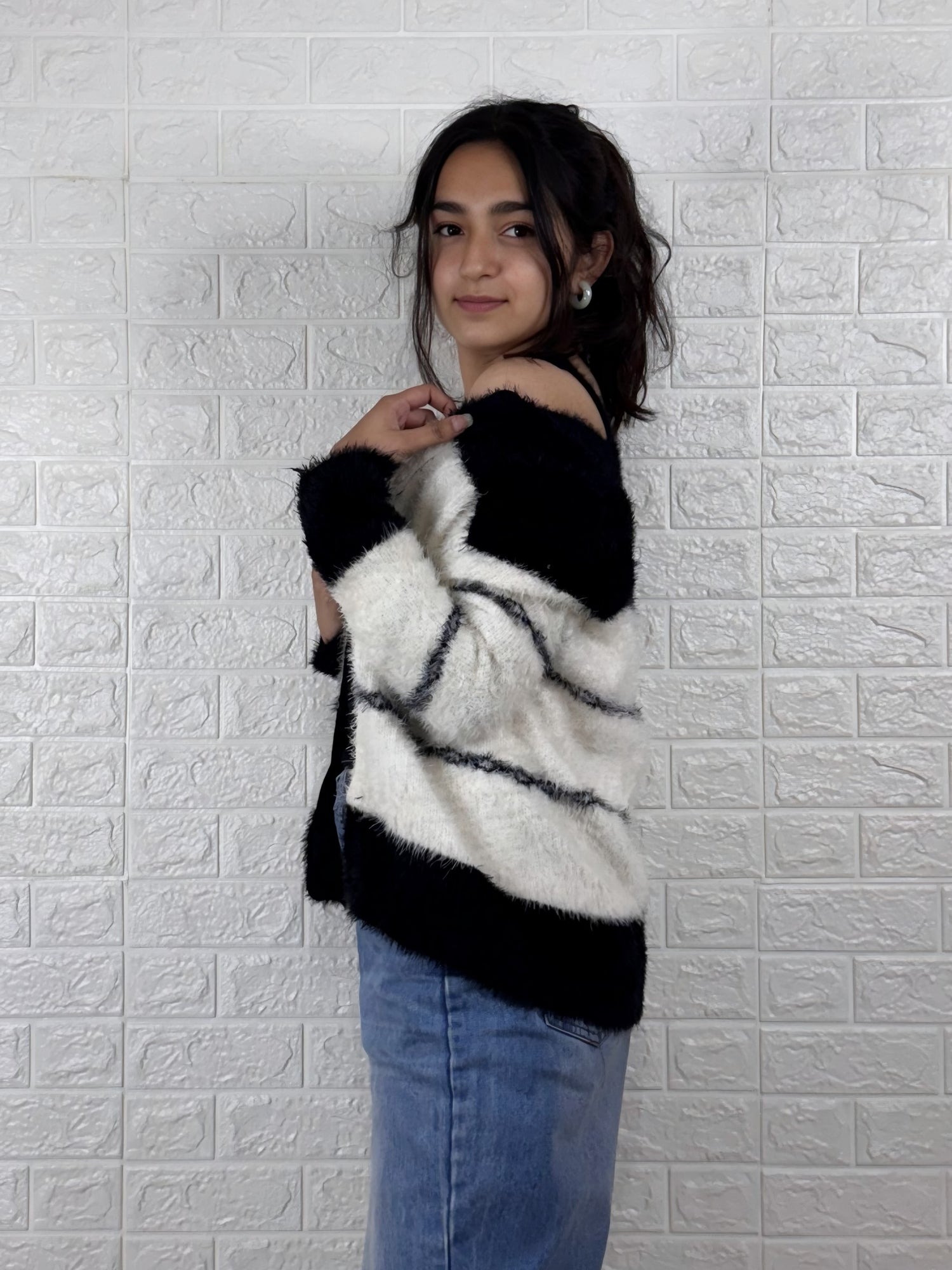 Women’s Fuzzy Striped Knitted Cardigan | Cozy Black & White Winter Sweater