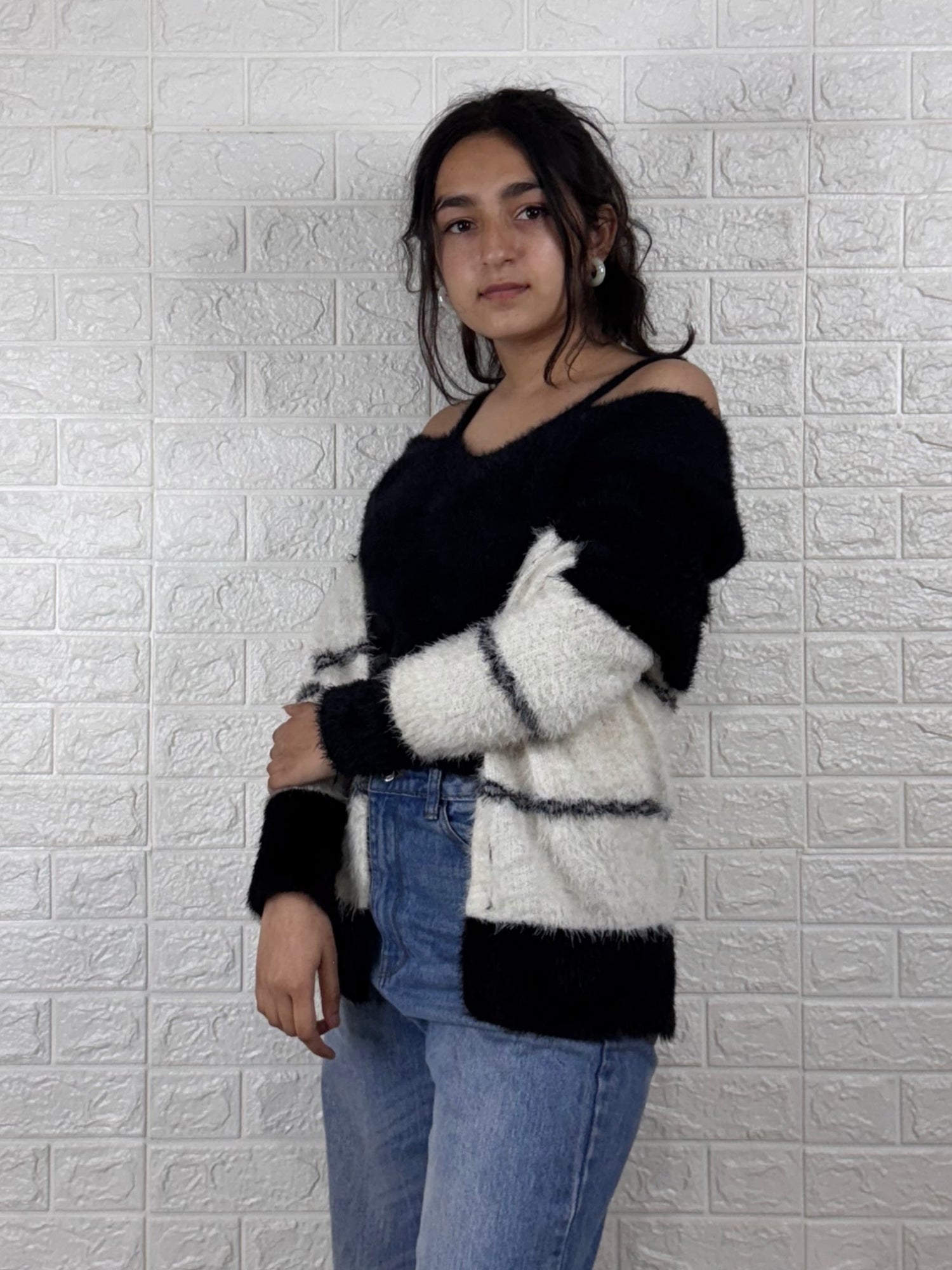 Women’s Fuzzy Striped Knitted Cardigan | Cozy Black & White Winter Sweater