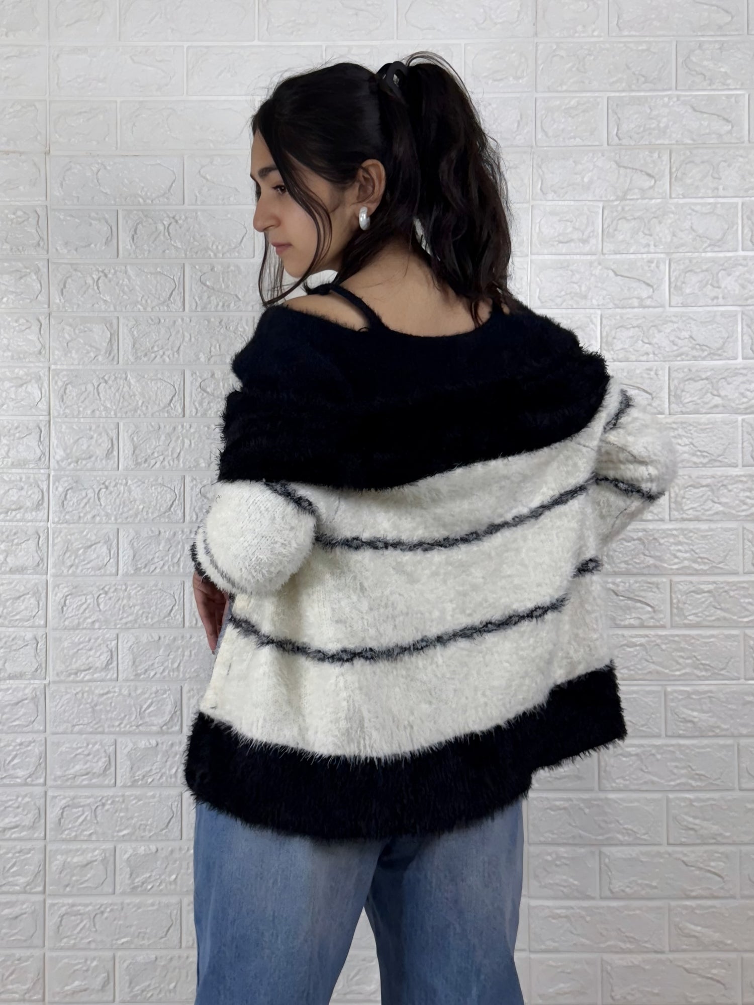 Women’s Fuzzy Striped Knitted Cardigan | Cozy Black & White Winter Sweater
