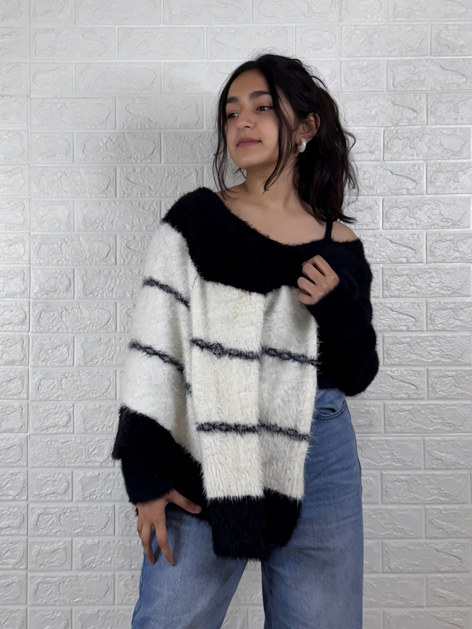 Women’s Fuzzy Striped Knitted Cardigan | Cozy Black & White Winter Sweater