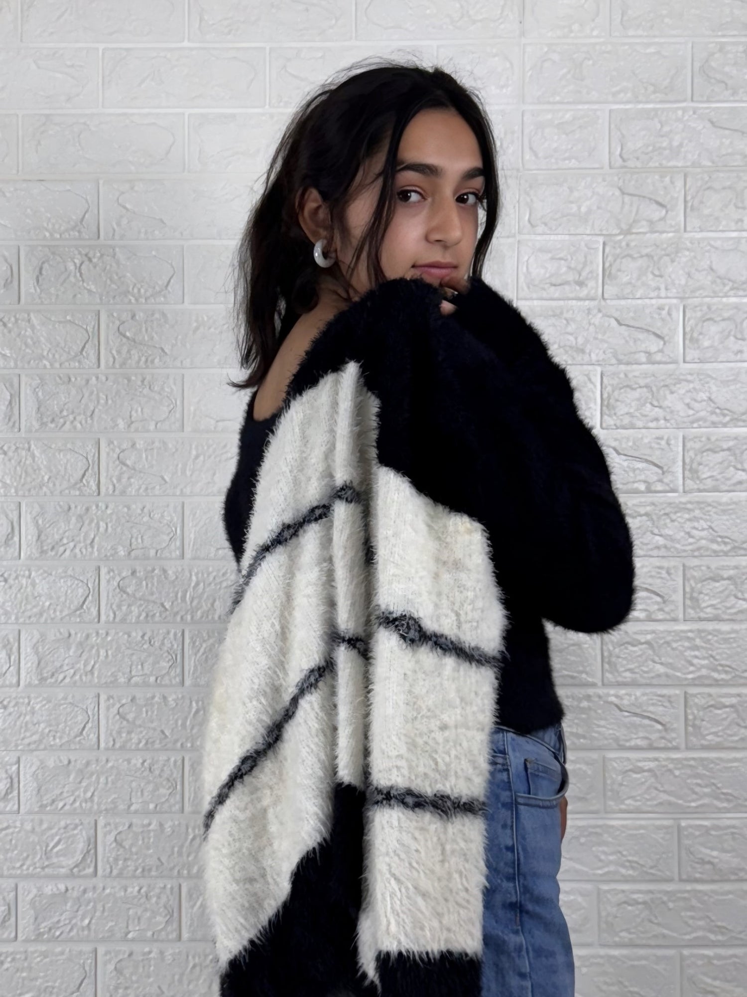 Women’s Fuzzy Striped Knitted Cardigan | Cozy Black & White Winter Sweater