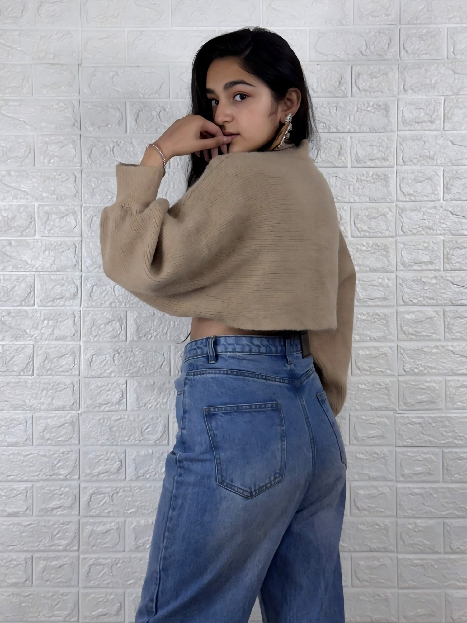 Chic Camel Mock Neck Cropped Top