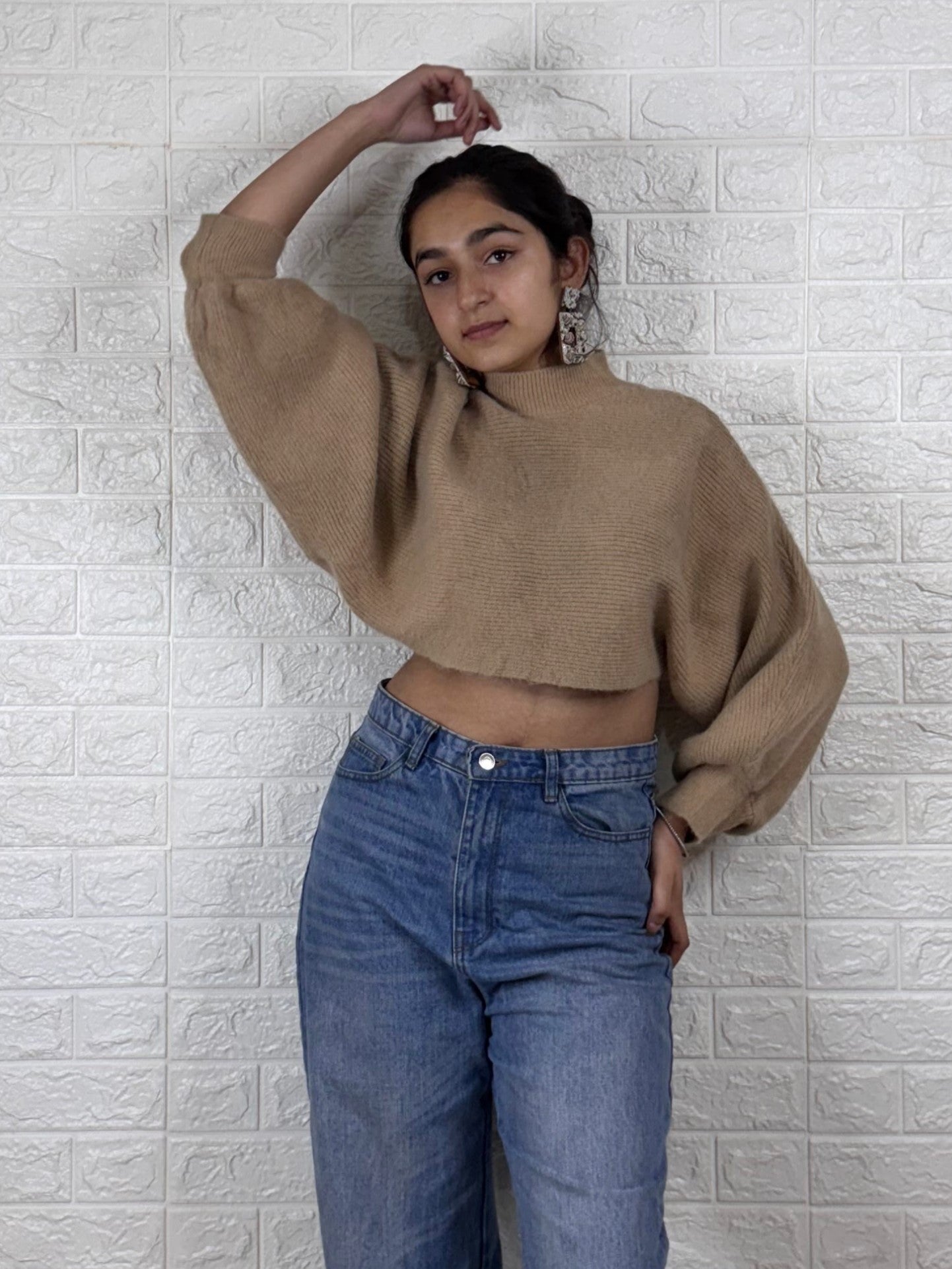 Chic Camel Mock Neck Cropped Top