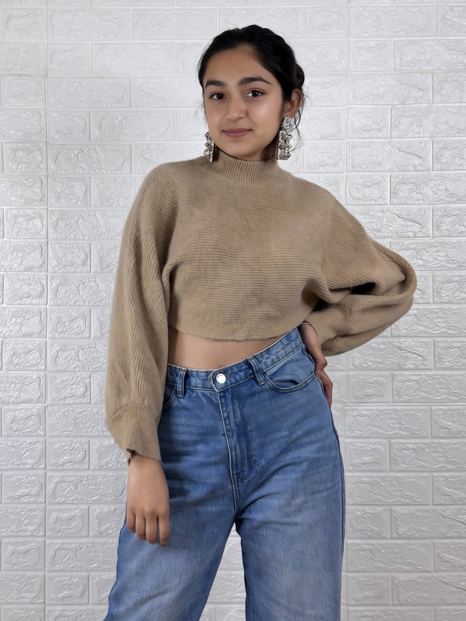 Chic Camel Mock Neck Cropped Top