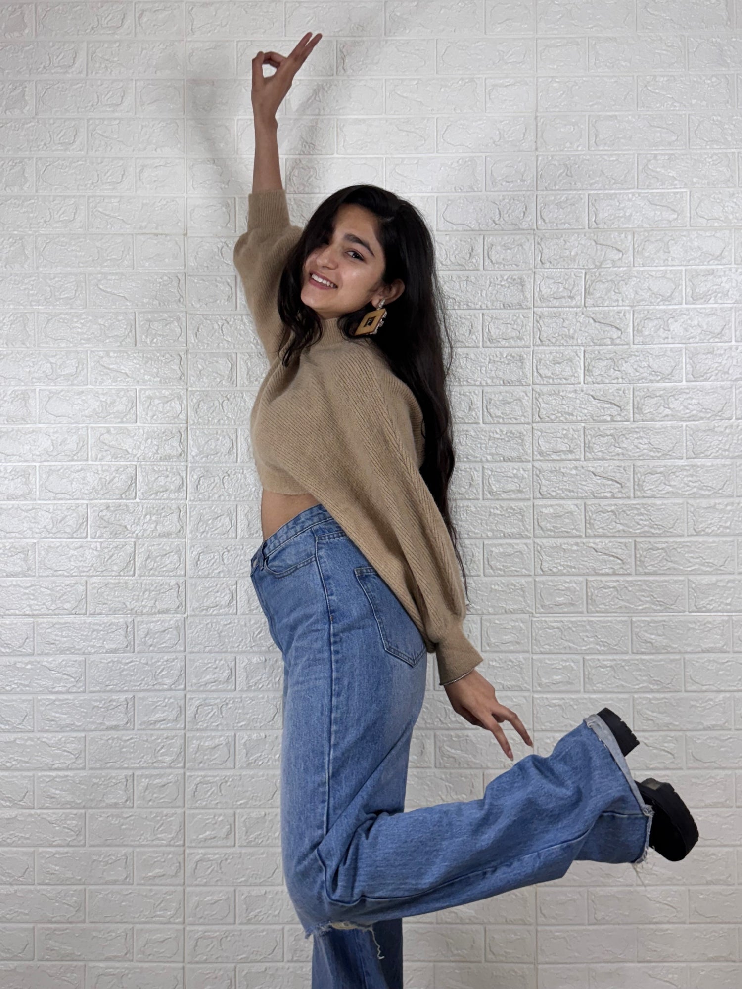 Chic Camel Mock Neck Cropped Sweater