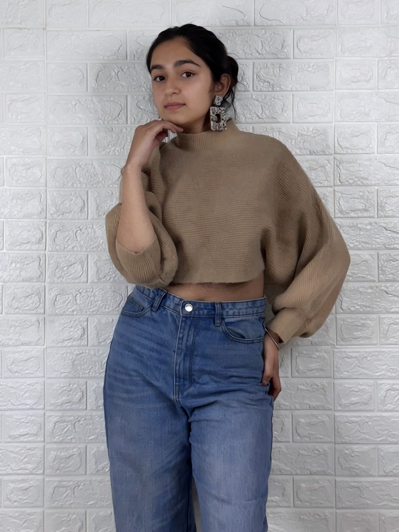 Chic Camel Mock Neck Cropped Top