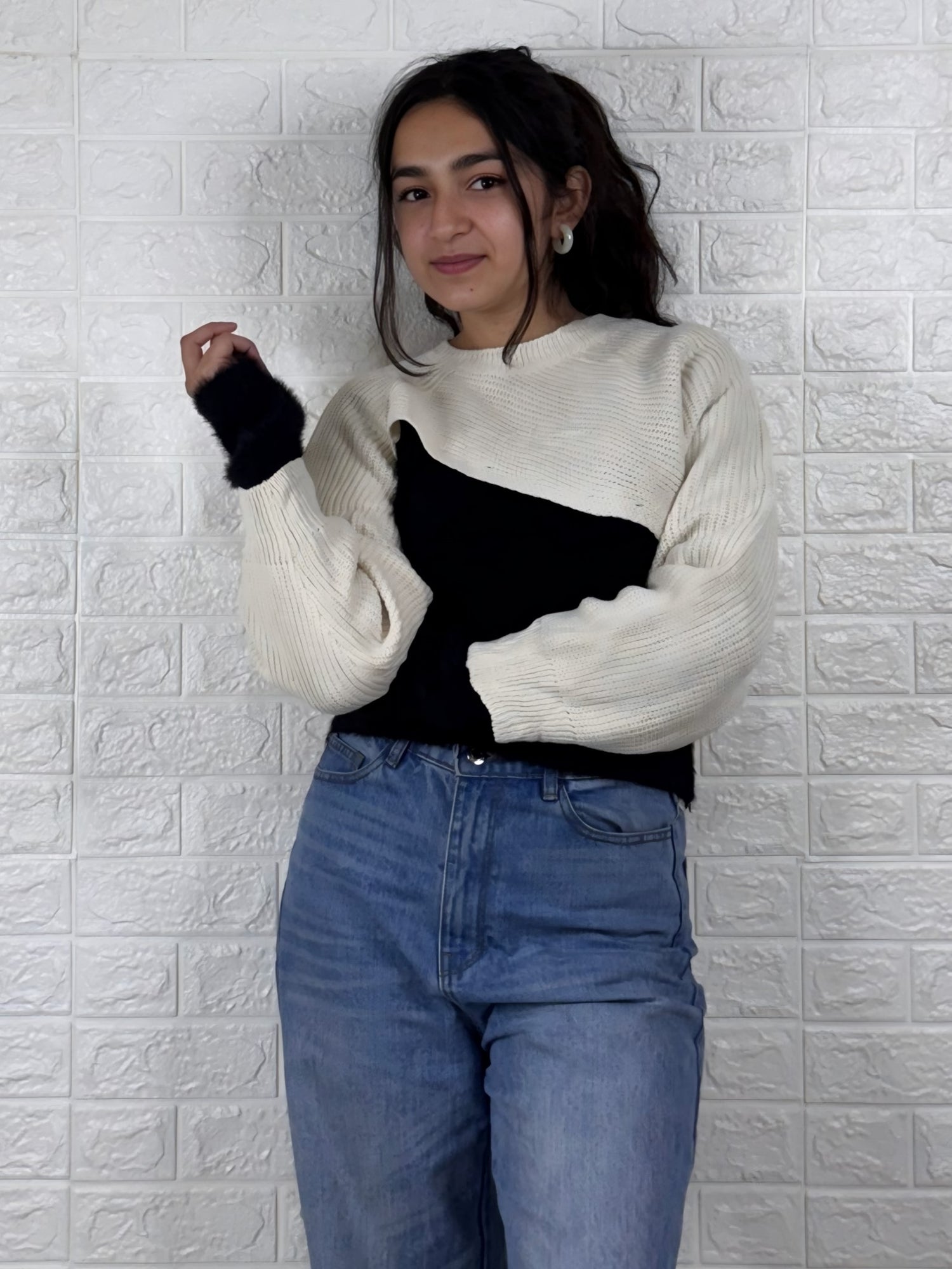 Women’s Color Block Knitted Sweater | with Cream Pullover Winter Top