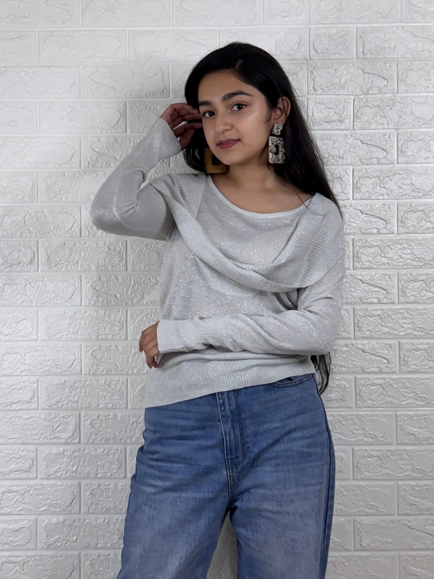 Silver Shimmer Draped Neckline Top – Elegant Party Wear