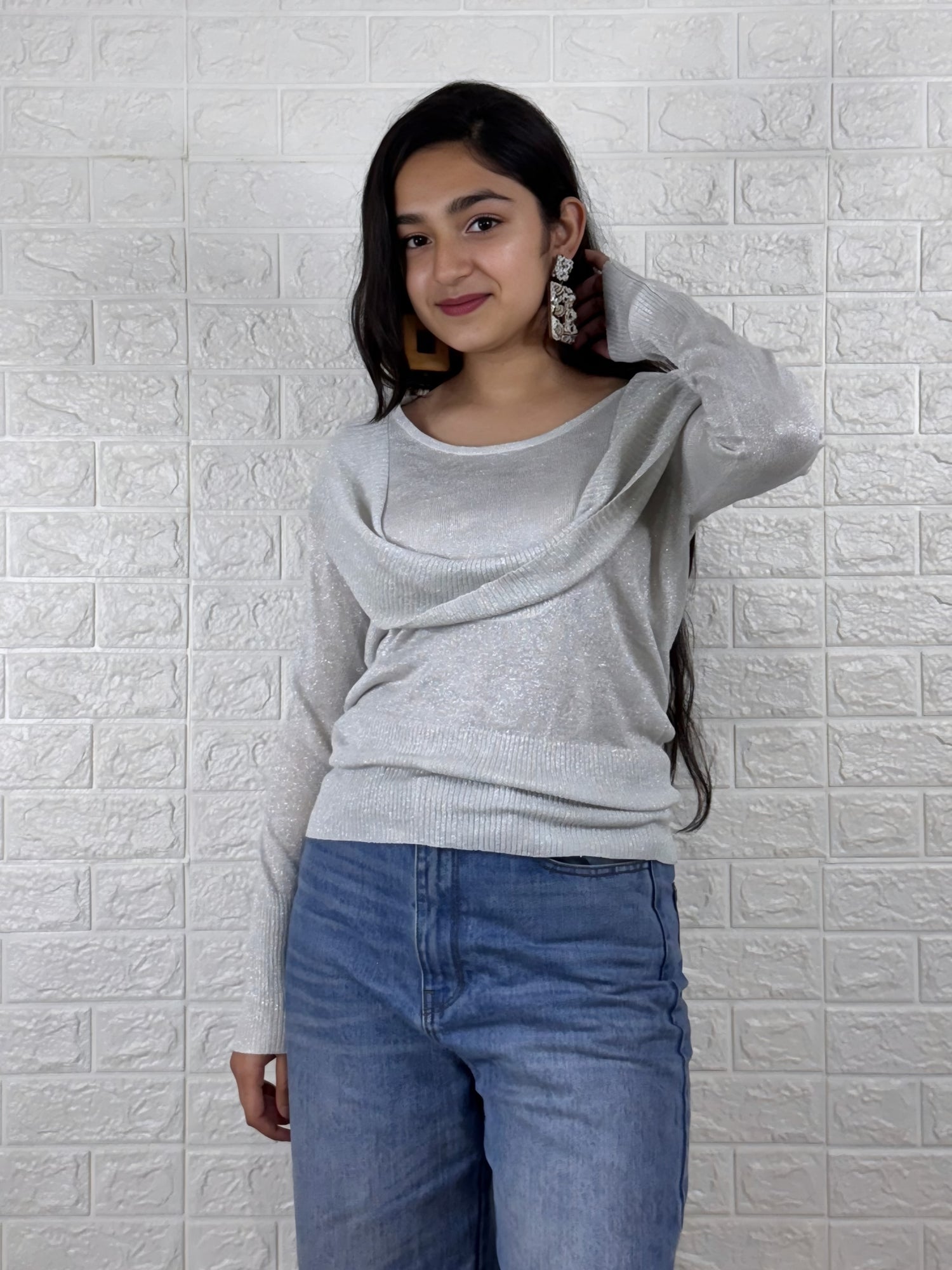 Silver Shimmer Draped Neckline Top – Elegant Party Wear