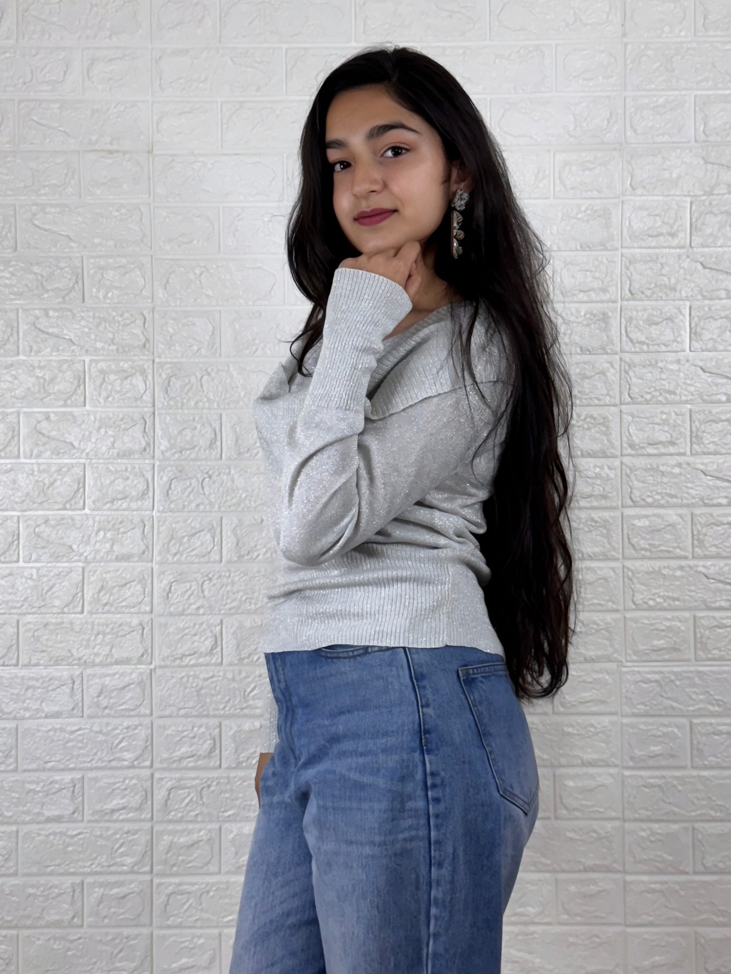 Silver Shimmer Draped Neckline Top – Elegant Party Wear