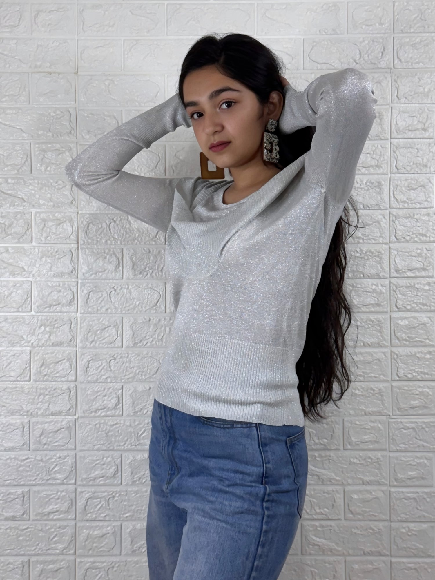 Silver Shimmer Draped Neckline Top – Elegant Party Wear