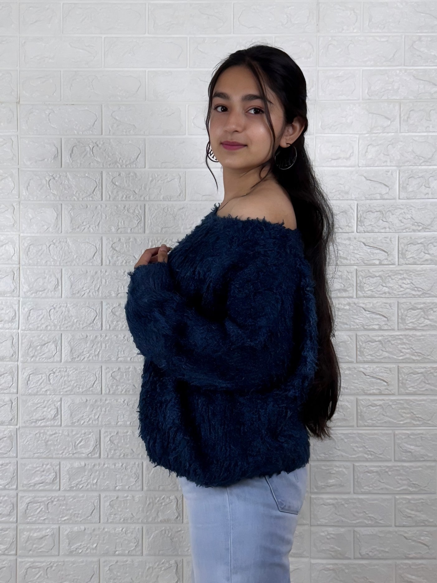 Midnight Blue Fuzzy Off-Shoulder Sweater