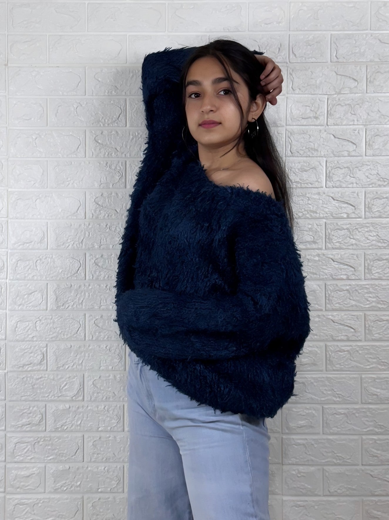 Midnight Blue Fuzzy Off-Shoulder Sweater