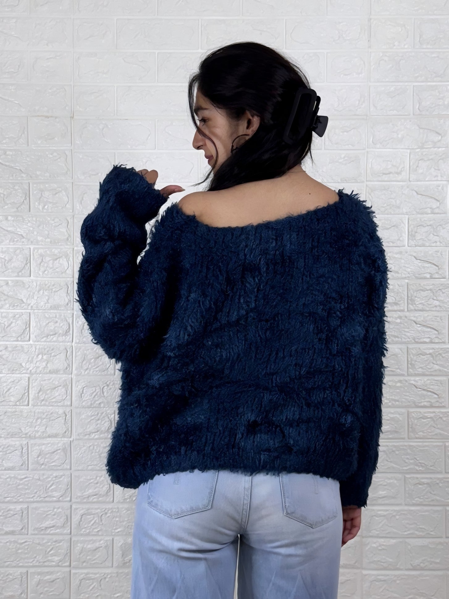 Midnight Blue Fuzzy Off-Shoulder Sweater