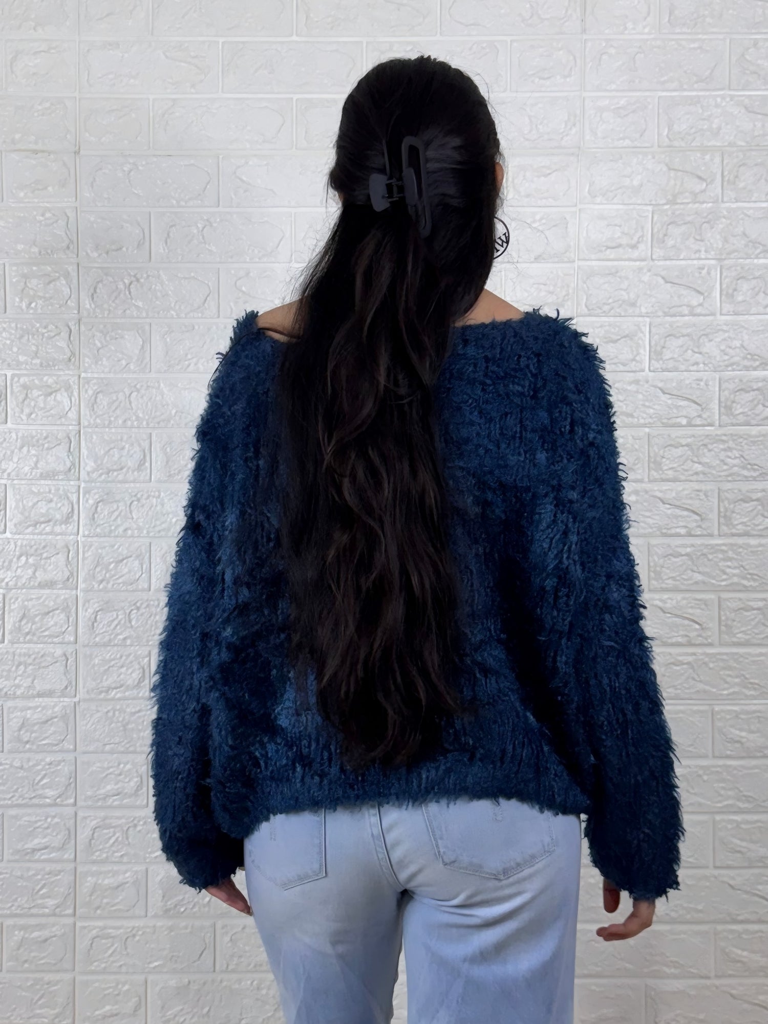 Midnight Blue Fuzzy Off-Shoulder Sweater