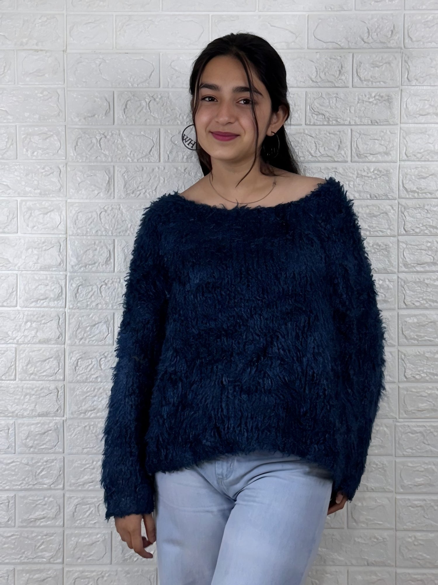 Midnight Blue Fuzzy Off-Shoulder Sweater