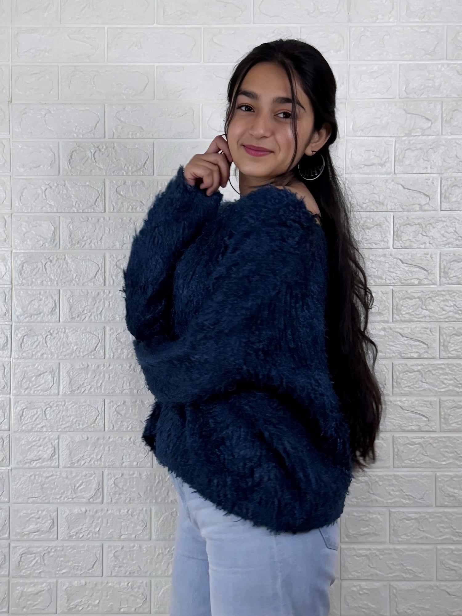 Midnight Blue Fuzzy Off-Shoulder Sweater