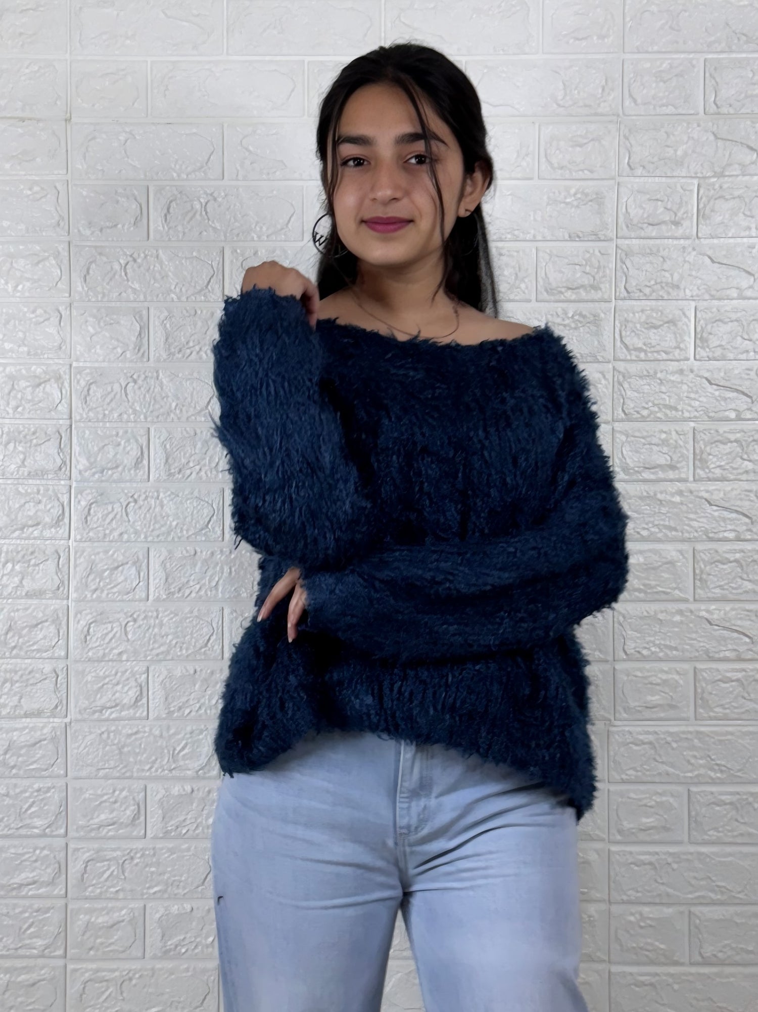Midnight Blue Fuzzy Off-Shoulder Sweater