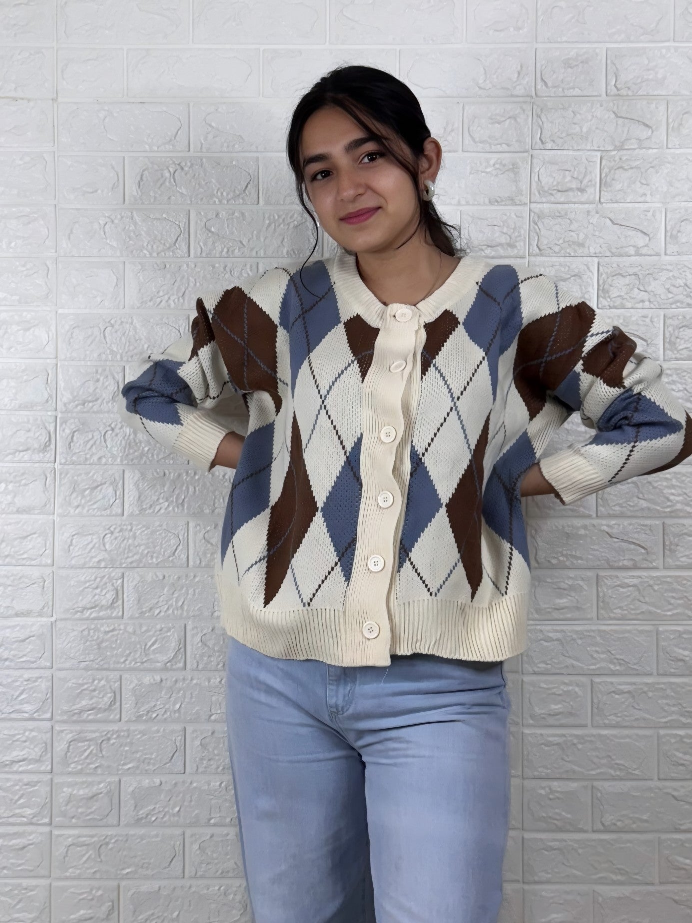 Classic Argyle Knit Button-Up Cardigan