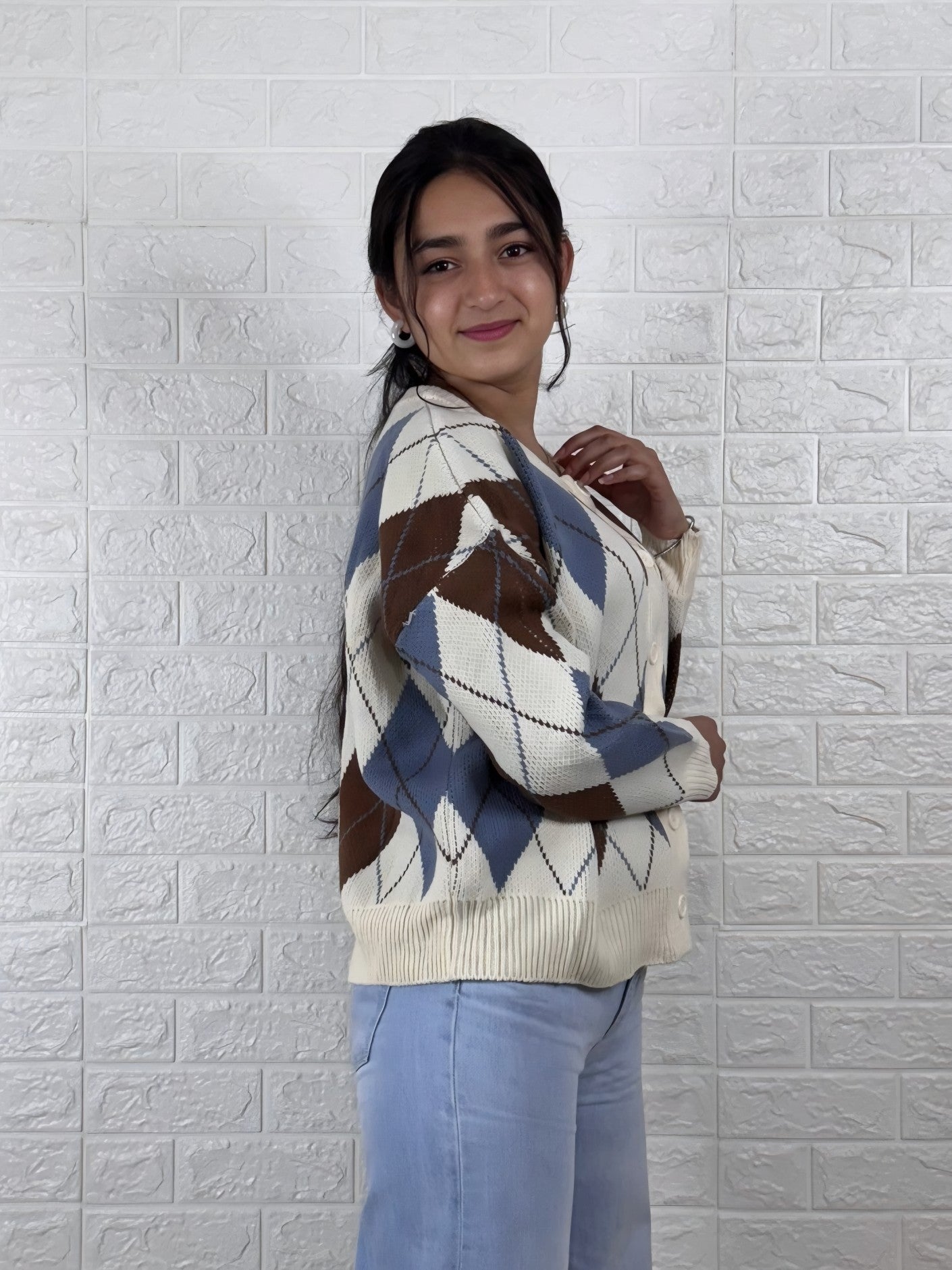 Classic Argyle Knit Button-Up Cardigan