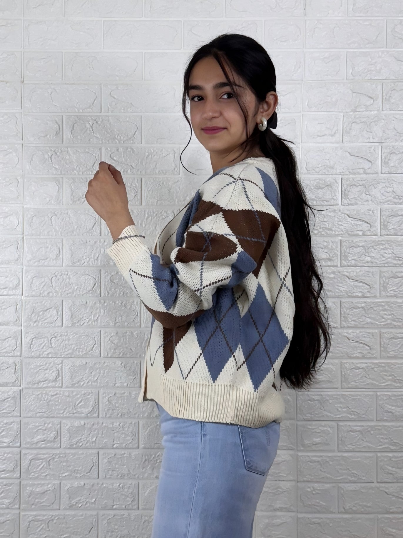 Classic Argyle Knit Button-Up Cardigan