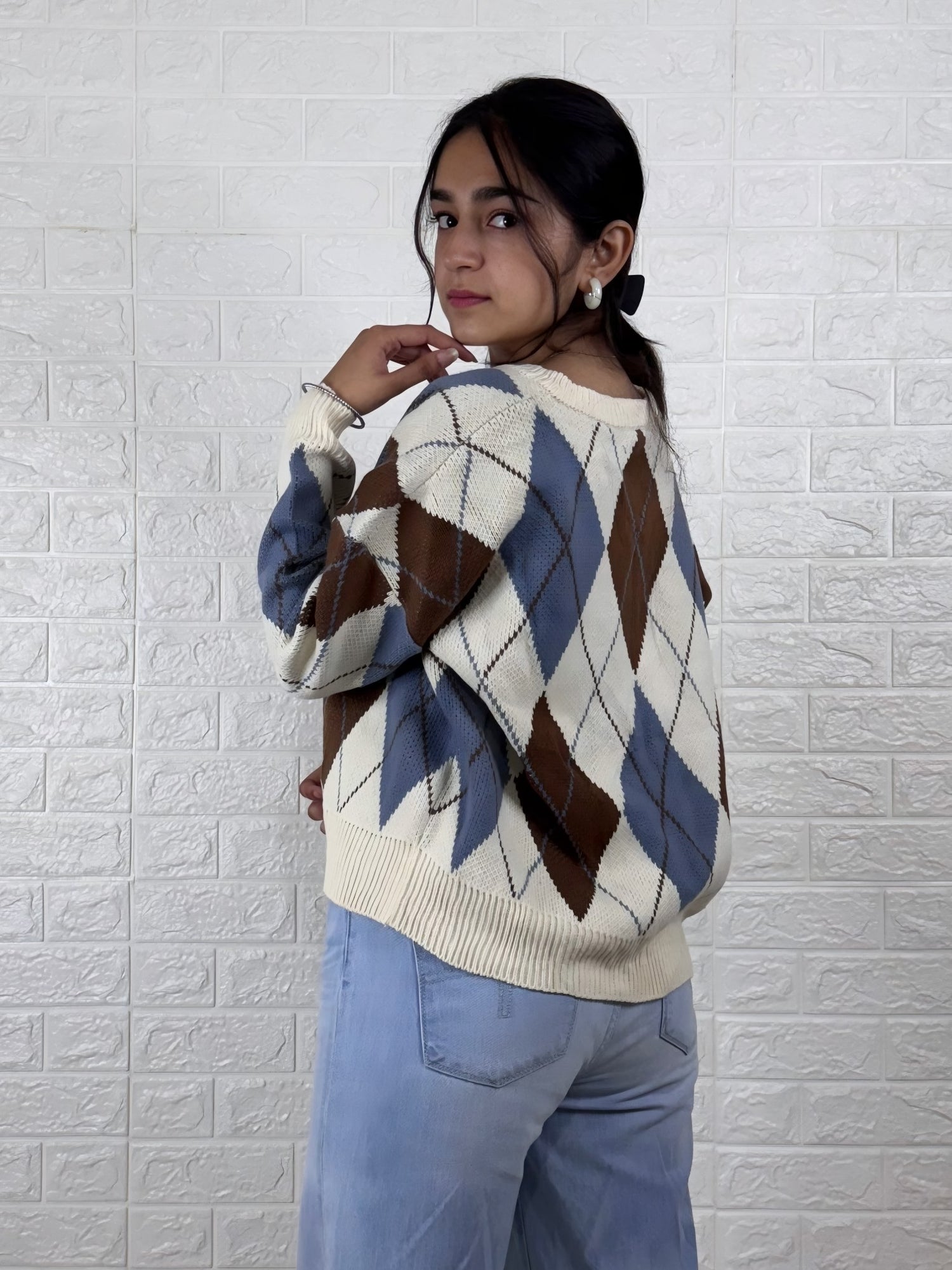 Classic Argyle Knit Button-Up Cardigan